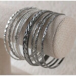 Silver Tone Bangle Bracelet Lot of 10 | Etched Rope Wave Chain Stackable Set